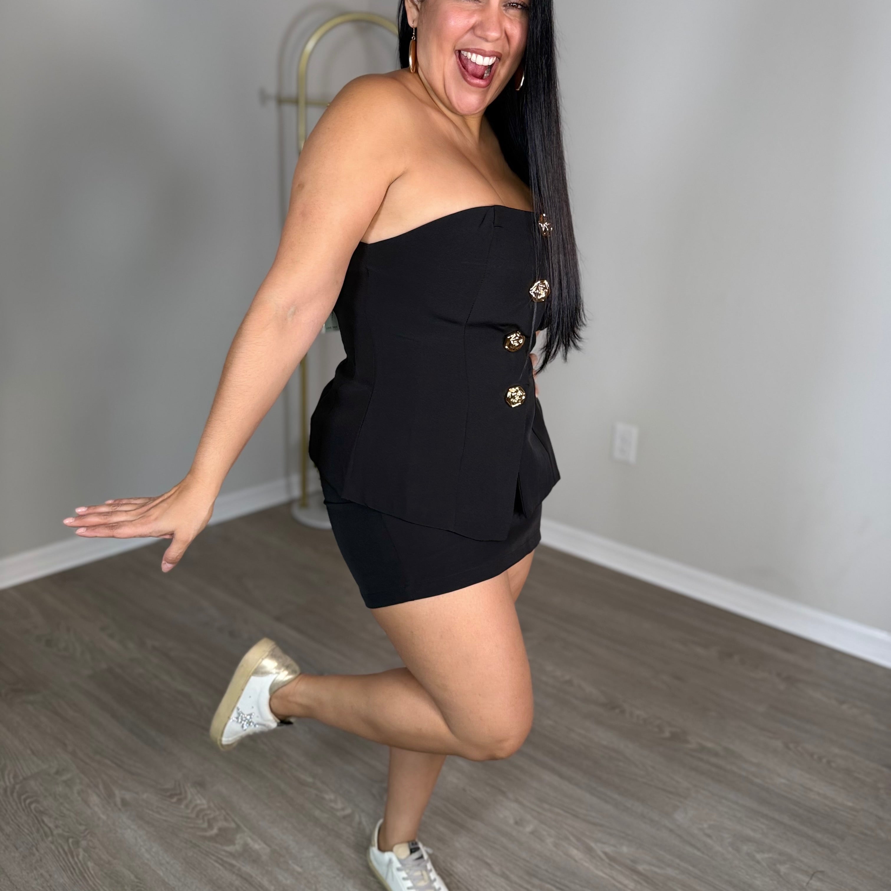 Two-piece shorts and top set with large gold buttons