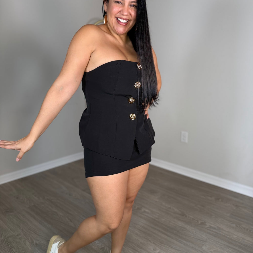 Two-piece shorts and top set with large gold buttons