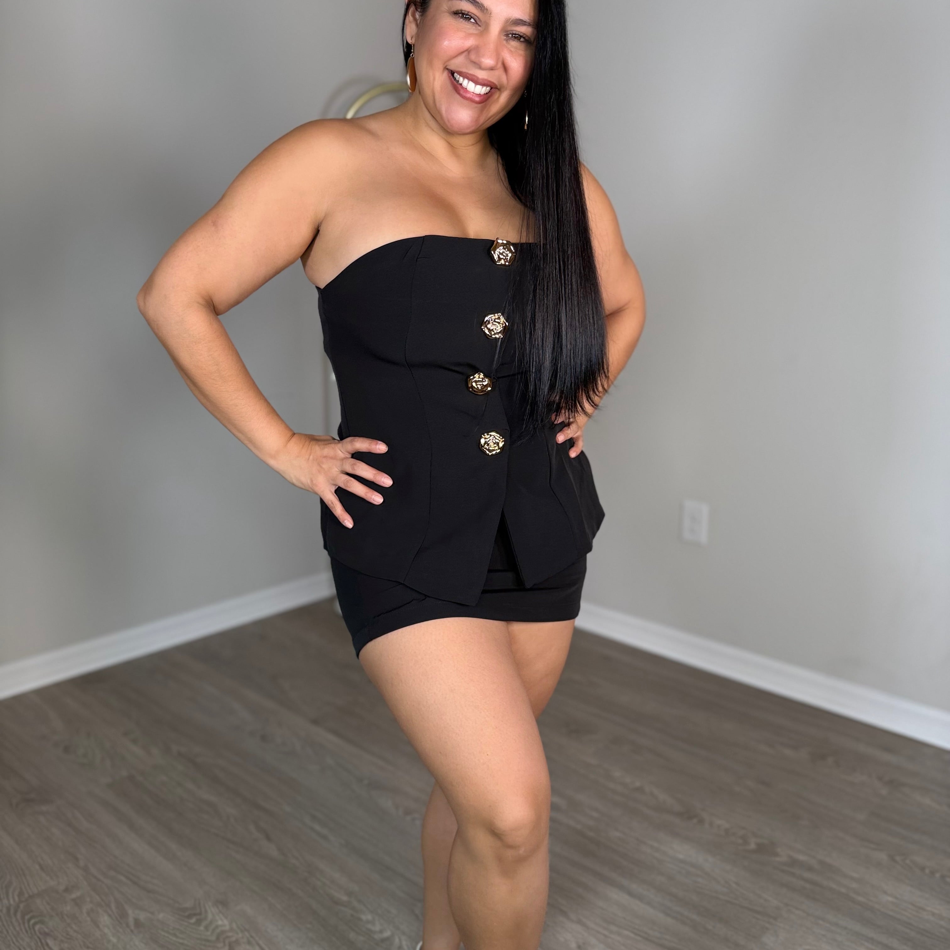 Two-piece shorts and top set with large gold buttons