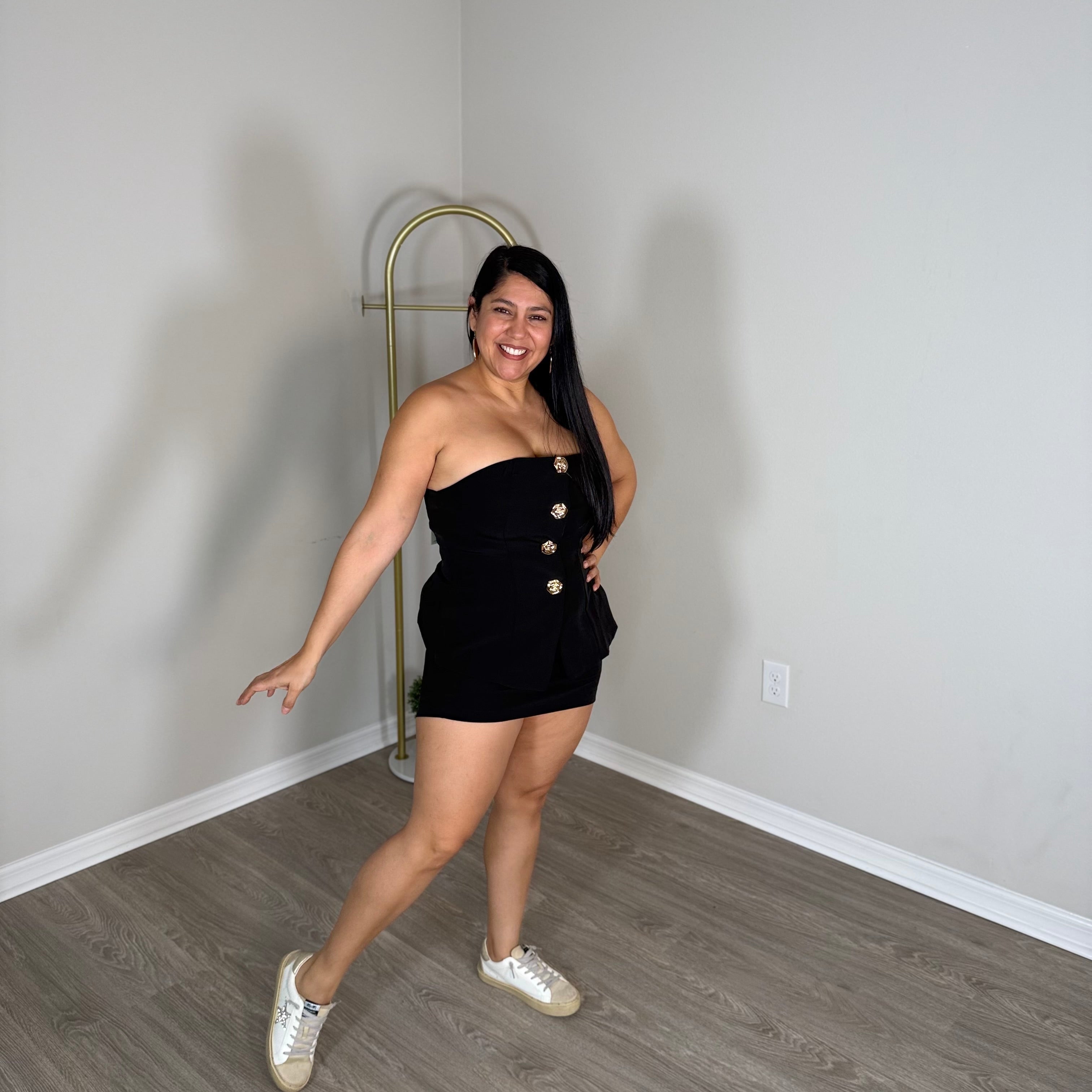 Two-piece shorts and top set with large gold buttons