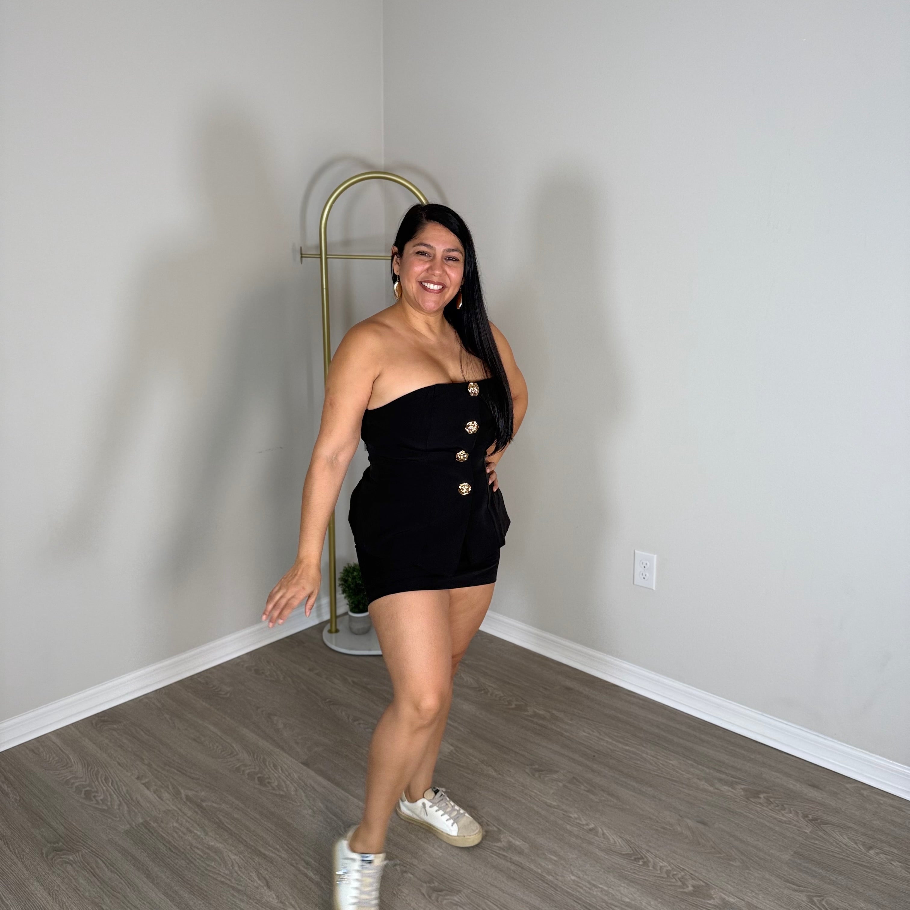 Two-piece shorts and top set with large gold buttons